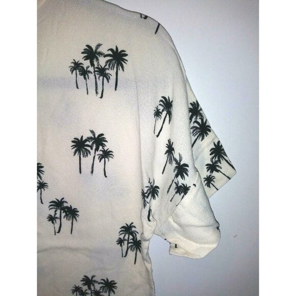 Womens H&M top Palm Trees print Sz L Ivory short sleeve boxy stretch beige black - Picture 6 of 7